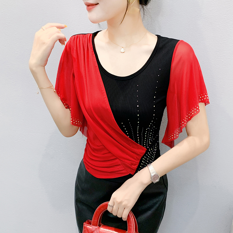 Beaded Trim Fringe - เสื้อตาข่ายผู้หญิงฤดูร้อนปี 2025: การออกแบบบล็อกสีพร้อมการตัดแต่งลูกไม้และรายละเอียด Rhinestone – เสื้อยืดแขนสั้นอินเทรนด์