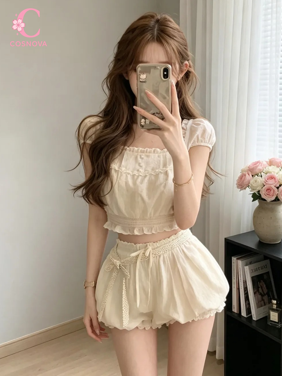 Elastic Lace Trim - ชุดเซ็ต 2 ชิ้น สไตล์หวานซ่อนเปรี้ยวสำหรับฤดูร้อน เสื้อครอปคอเหลี่ยมแขนพองแต่งระบาย ตกแต่งด้วยลูกไม้และโบว์