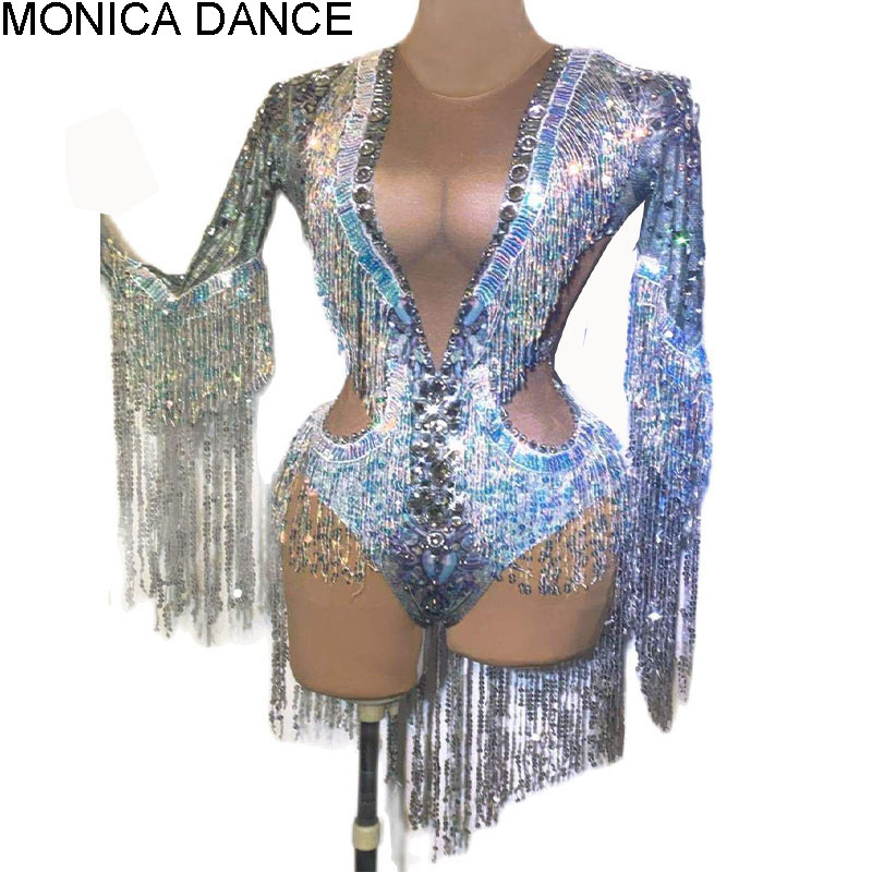 Rhinestone Banding Trim - ผู้หญิงประกายเงิน Rhinestone พู่กัน Party Bodysuit ยืด