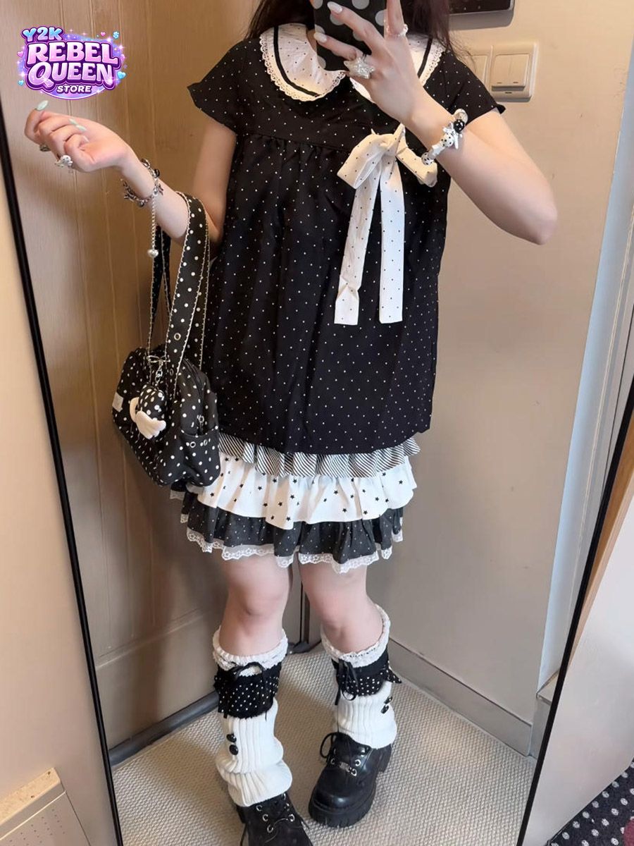 Lace Ribbon Trim - ชุดเซ็ต 2 ชิ้นสไตล์ Y2K คาวาอี้ ลายจุดญี่ปุ่น
