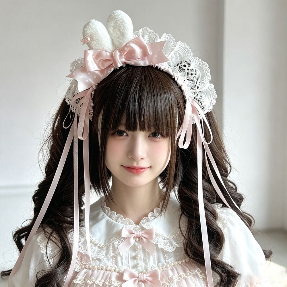 Lace Ribbon Trim - ที่คาดผมลายจุดพร้อมโบว์และหูกระต่ายขนาดเล็ก ตกแต่งด้วยริบบิ้นลูกไม้ สไตล์โลลิต้า สำหรับจัดแต่งทรงผม