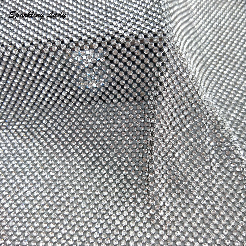 Crystal Mesh Fabric - ผ้าตาข่ายคริสตัลสีเงินขนาด 2 มม. คุณภาพสูง ผ้าตาข่ายประดับเพชรสำหรับทำกระเป๋า สร้อยคอ