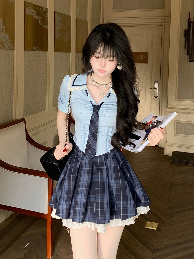ชุดเซ็ต 2 ชิ้น สไตล์ Preppy Y2 - Elastic Lace Trim บทวิจารณ์และราคา