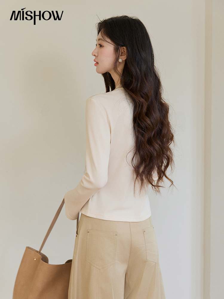 MISHOW เสื้อแขนยาวคอวีประดับลู - Lace Ribbon Trim บทวิจารณ์และราคา
